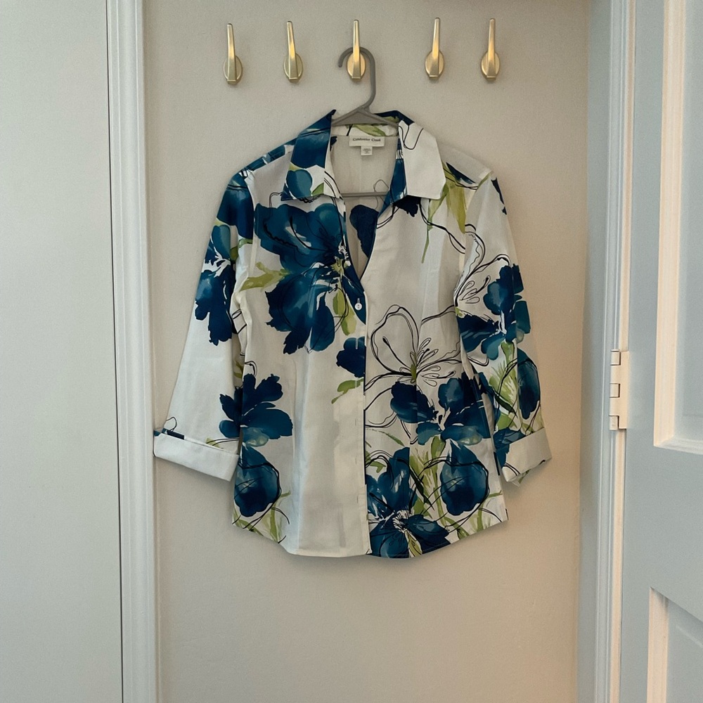 Blue And White Coldwater Creek Floral Blouse, Sz M